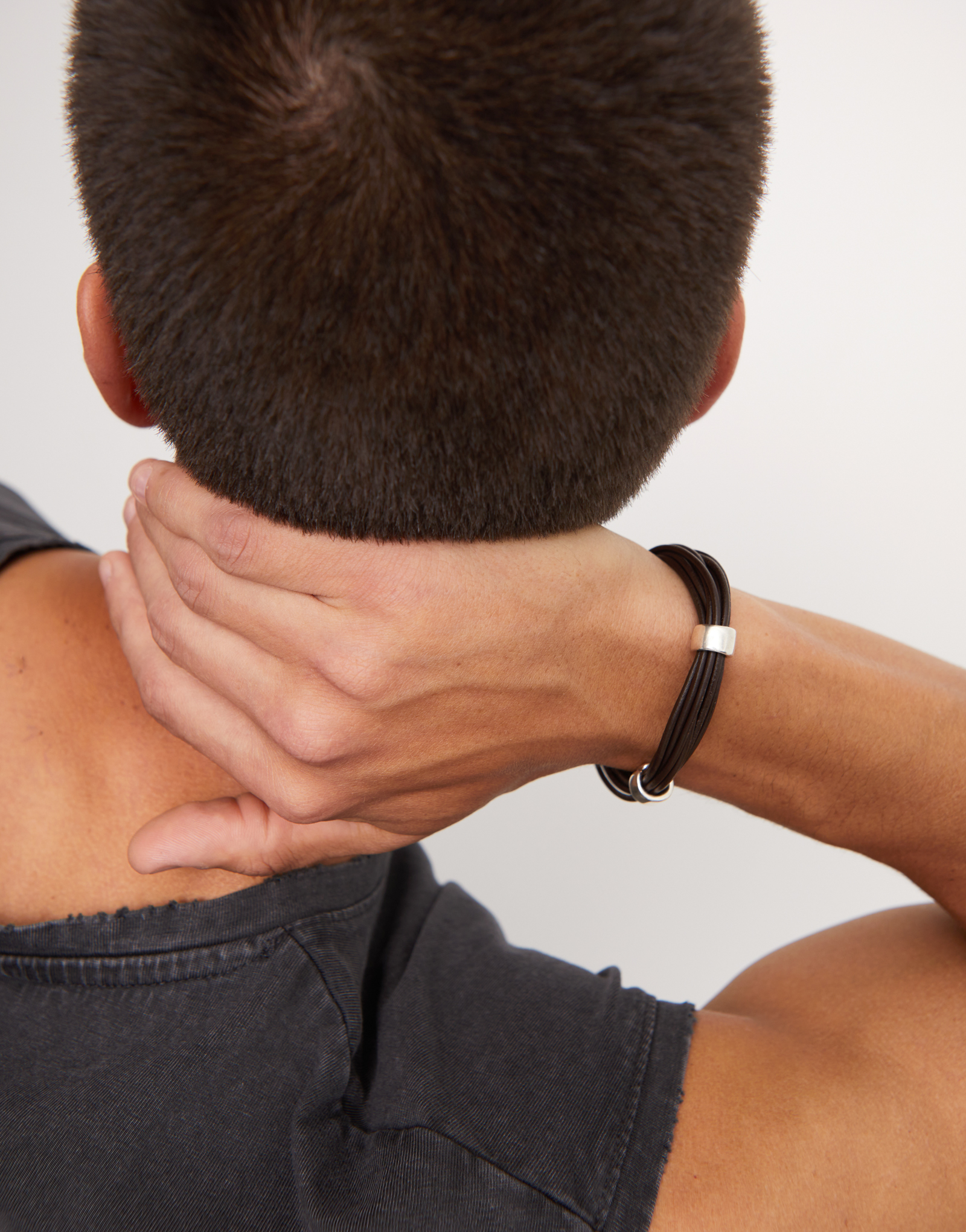 Leather bracelet with 2 sterling silver-plated circles, Silver, large thumbnail
